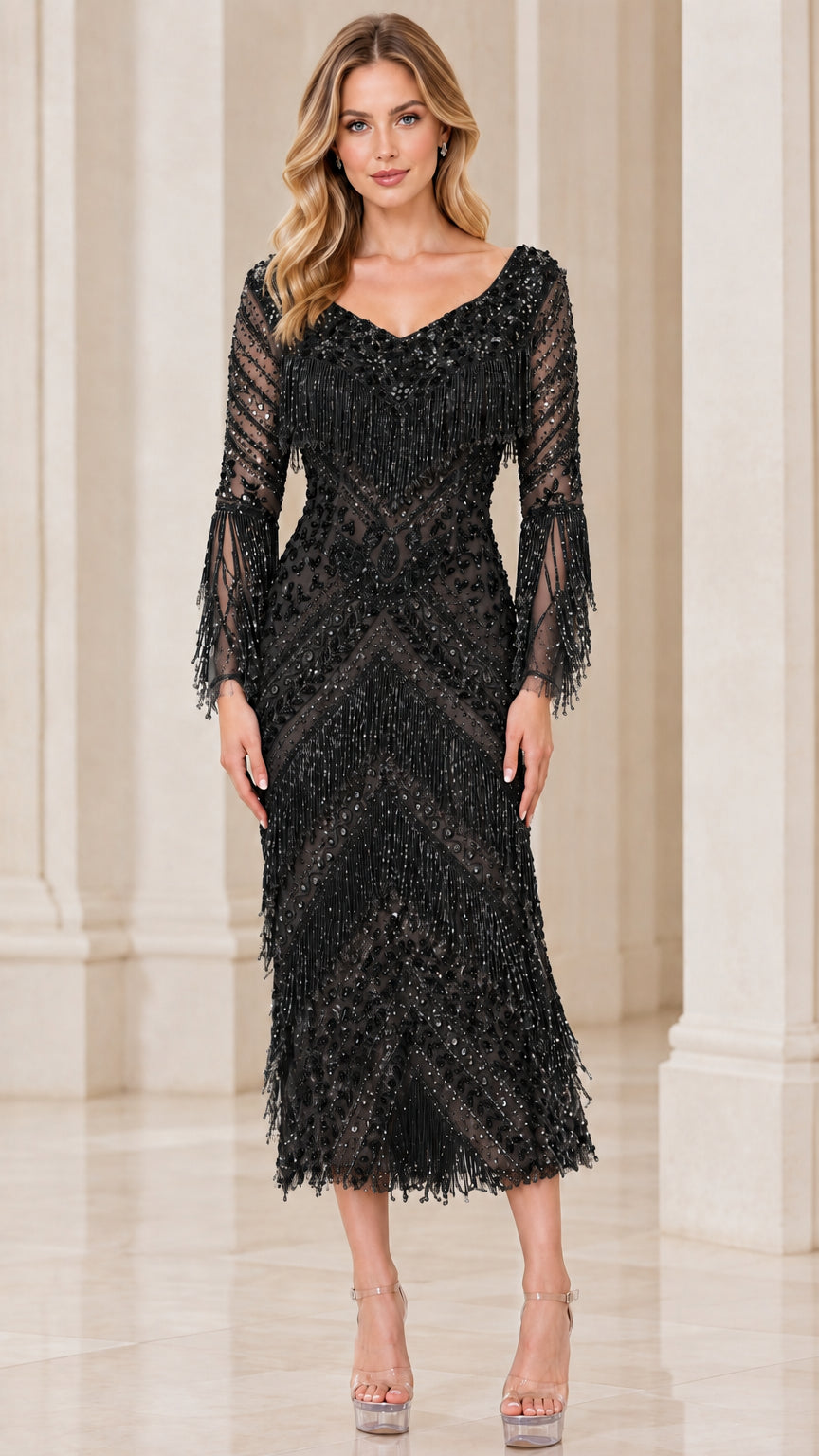 Black long-sleeve beaded sequin fringe midi formal dress