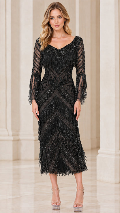 Black long-sleeve beaded sequin fringe midi formal dress