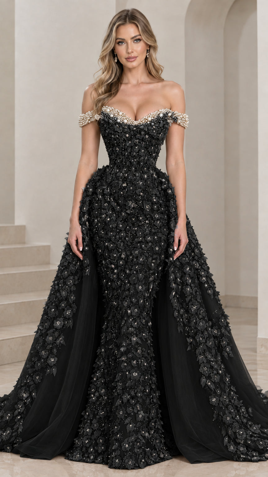 Black off-the-shoulder 3D floral applique mermaid evening dress with train