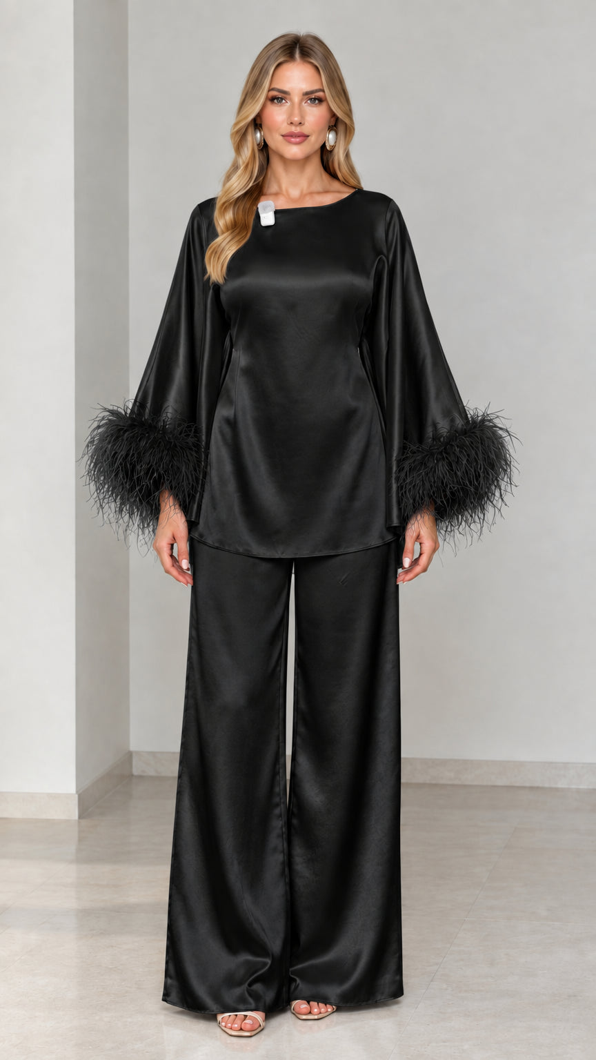 Black satin two-piece long sleeve top and wide-leg trousers with feather cuffs