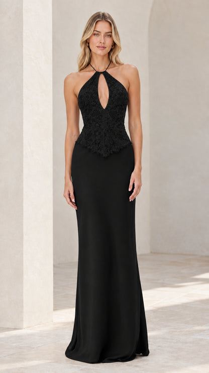 Model wearing classic Black halter lace bodice keyhole maxi dress