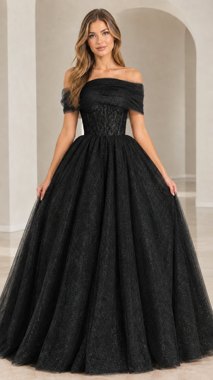 Model wearing Black glitter tulle off-the-shoulder formal ball gown