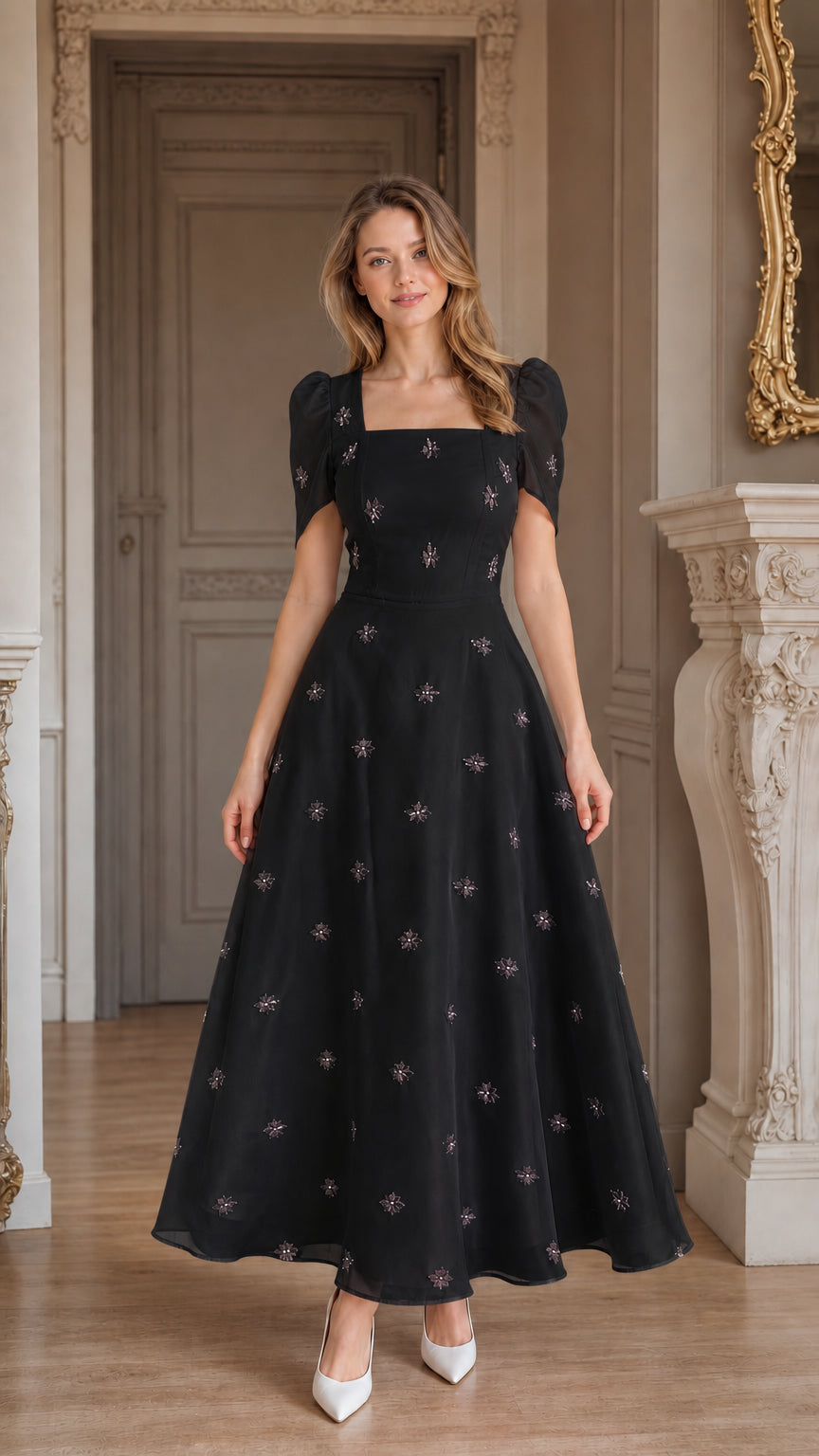 Front view of black embroidered square neck A-line midi dress