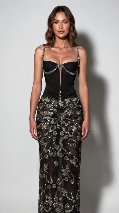 Black embellished corset maxi evening gown on model