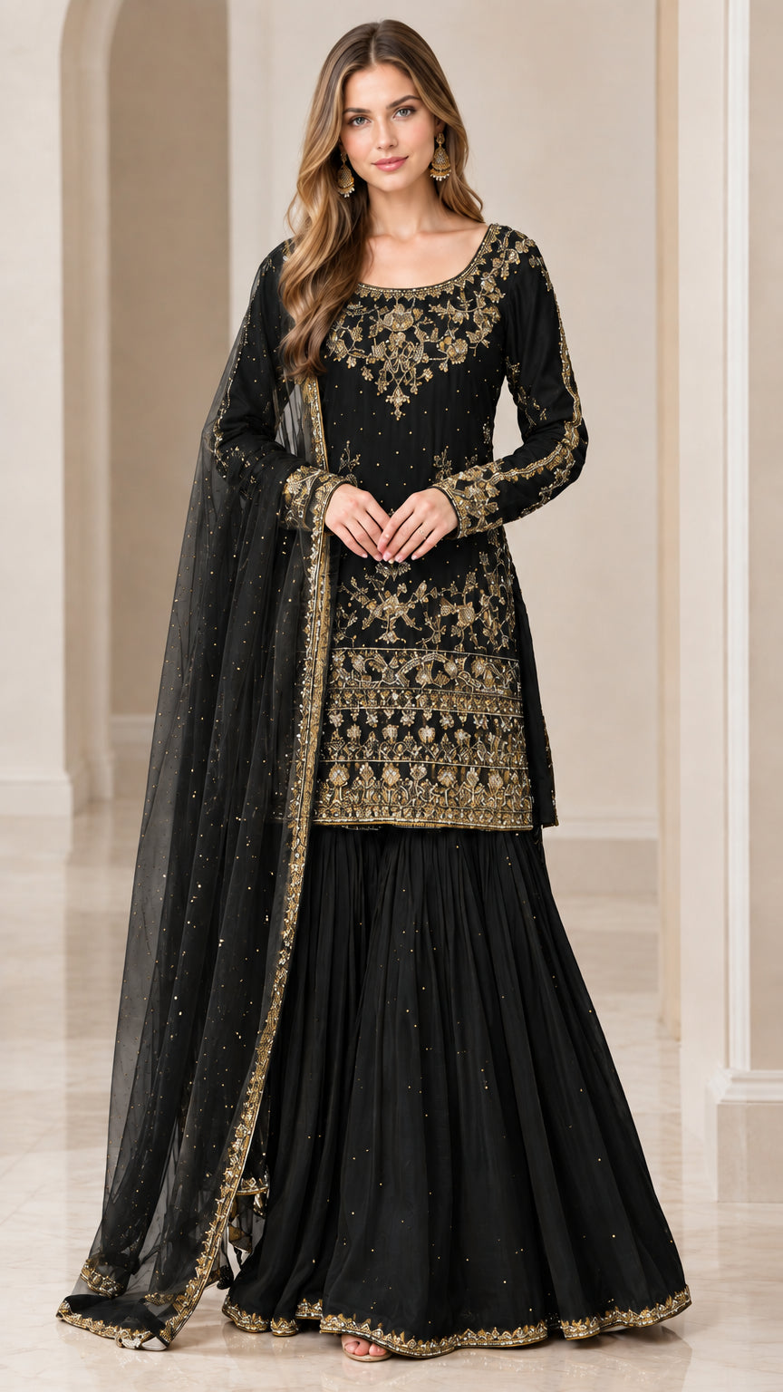 Black embroidered long-sleeve kurti with matching flared sharara pants and dupatta