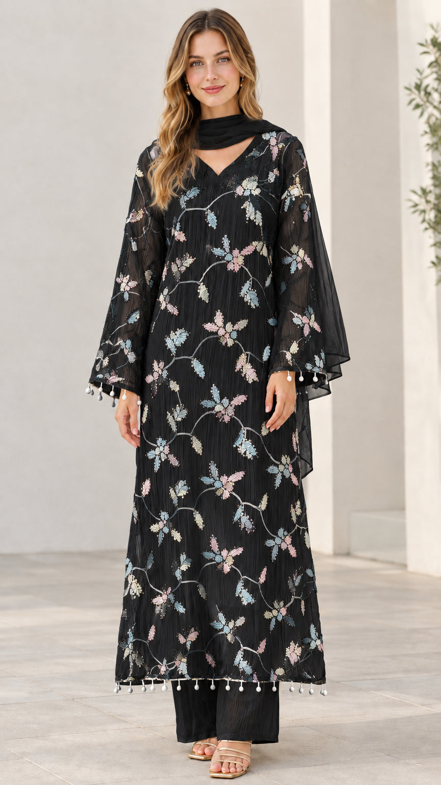Model wearing black 3-piece embroidered kurta set with matching scarf