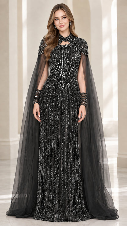 Front view of black beaded cape evening gown
