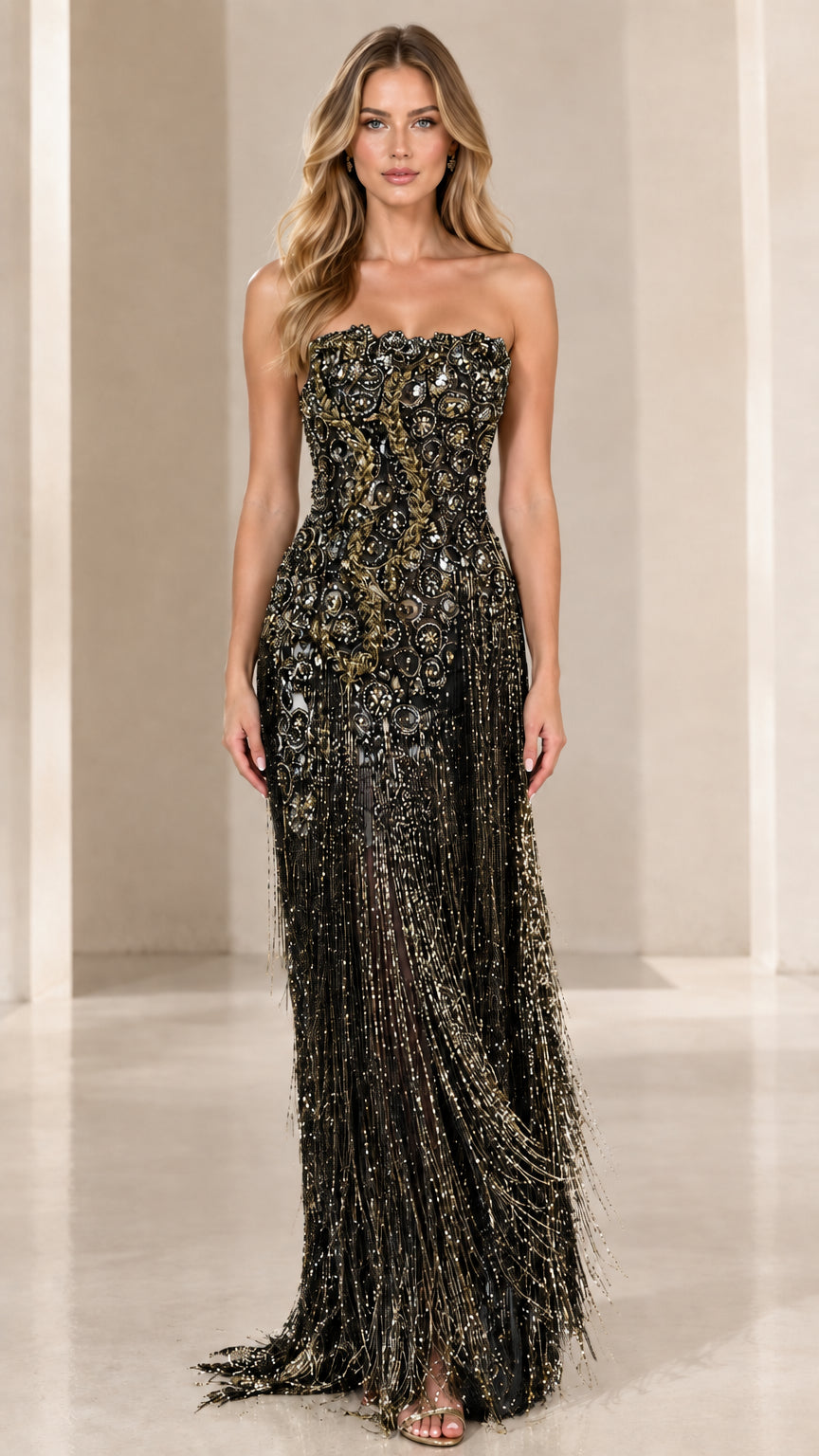 Full-length front view of strapless black beaded fringe formal gown