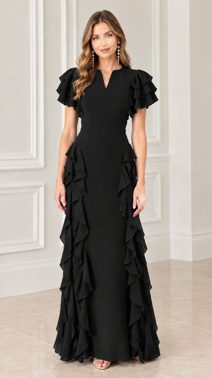 Front view of model wearing black split V-neck ruffle evening maxi gown