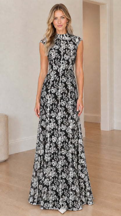 Model wearing black high neck floral lace sleeveless maxi dress