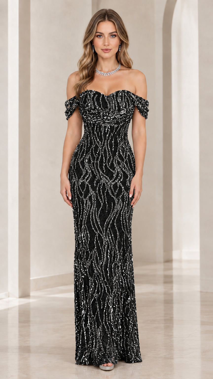 Black off-the-shoulder linear sequin evening maxi dress