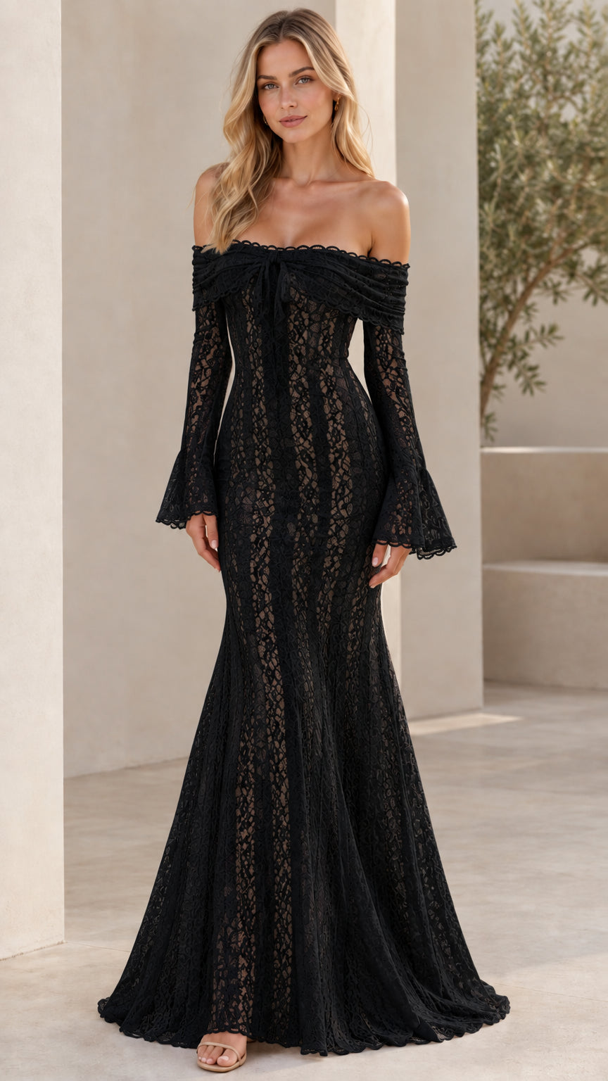 Black off-the-shoulder lace bell sleeve mermaid evening gown