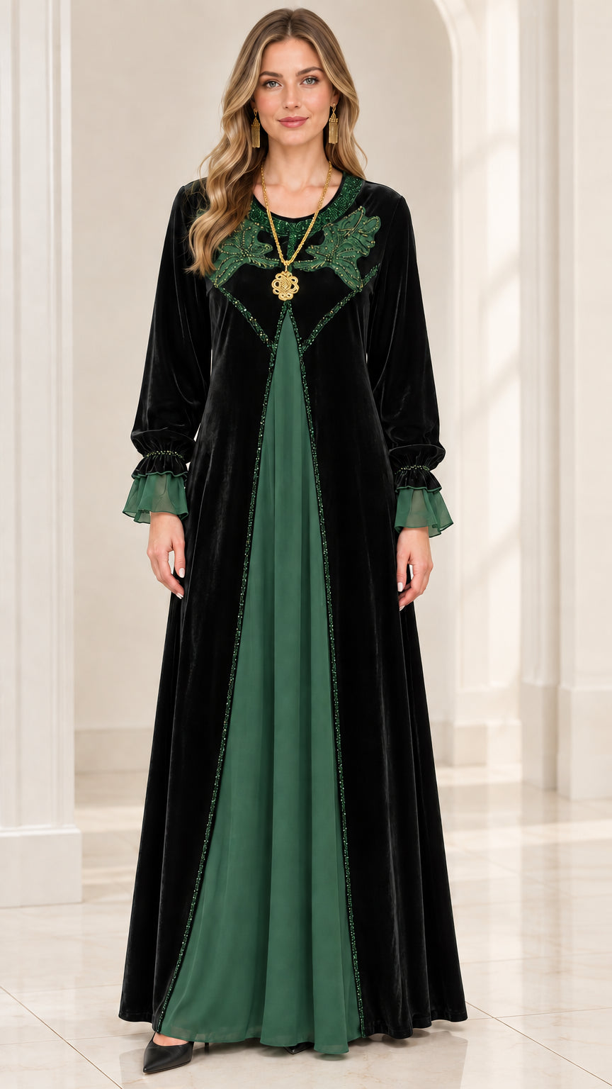 Full-length view of Emerald Green velvet evening dress