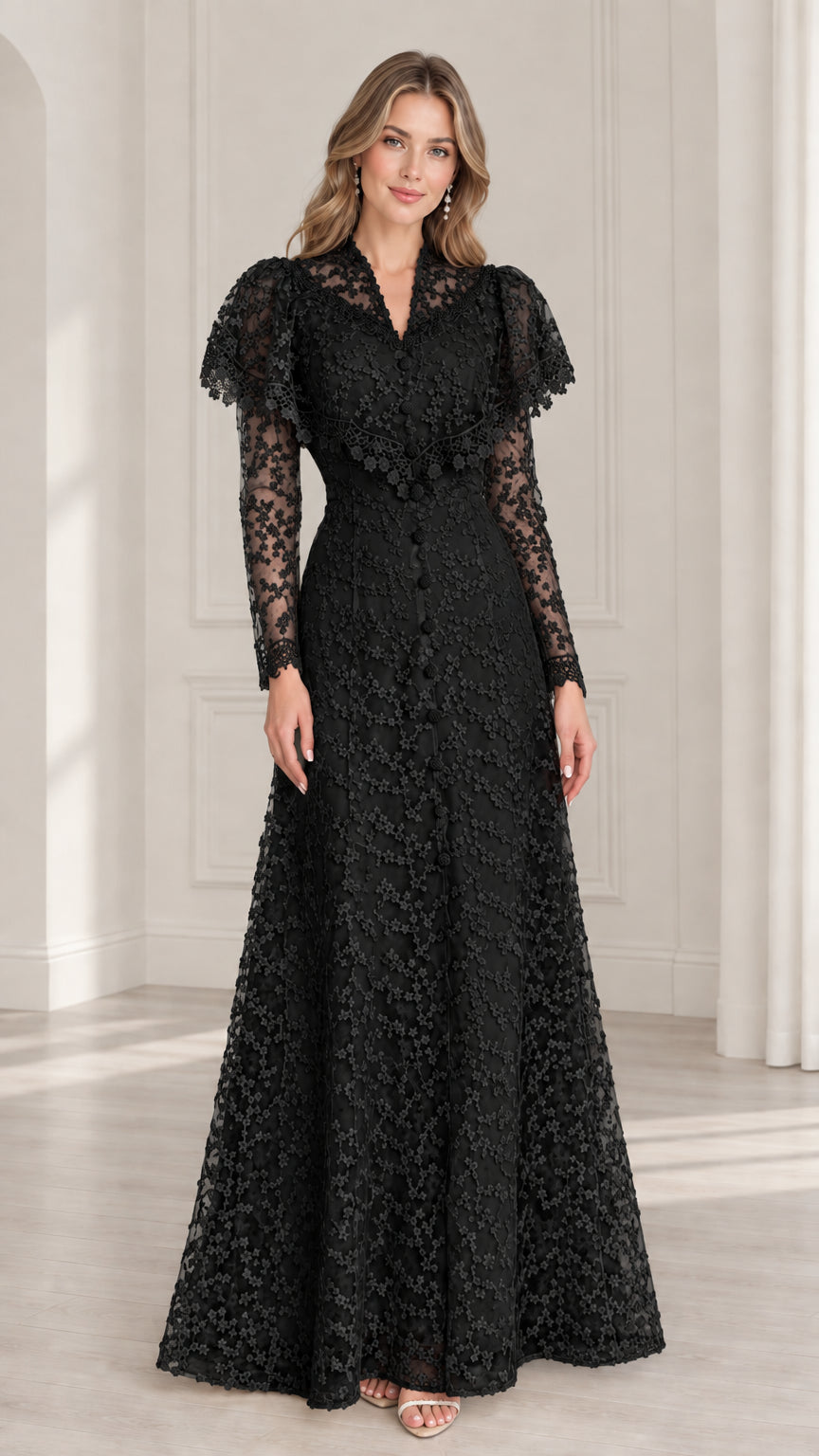 Black long sleeve floral lace capelet maxi evening dress