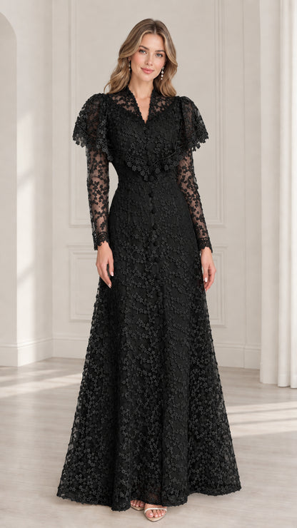 Black long sleeve floral lace capelet maxi evening dress