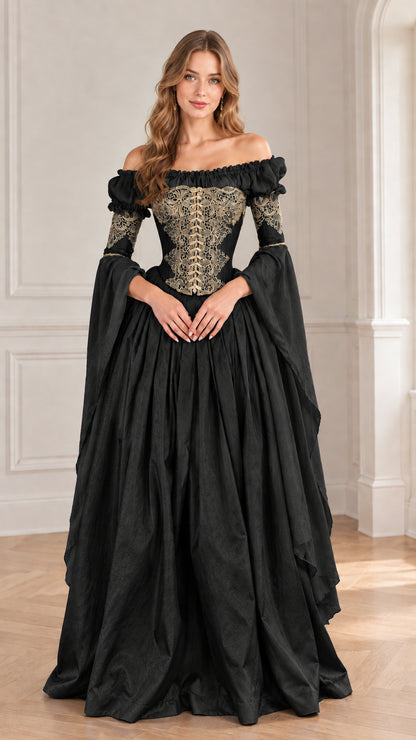Front view of woman wearing black Renaissance corset maxi dress with gold embroidery
