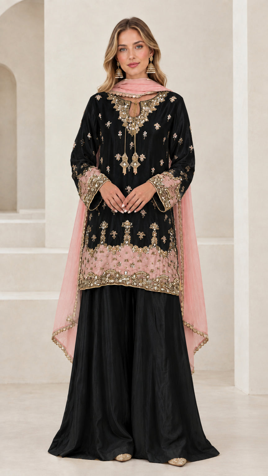 Black and blush pink 3-piece embroidered festive sharara suit set