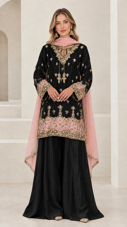 Black and blush pink 3-piece embroidered festive sharara suit set