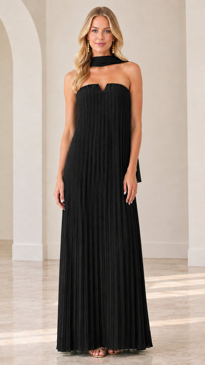 Black strapless pleated maxi evening dress with coordinating scarf