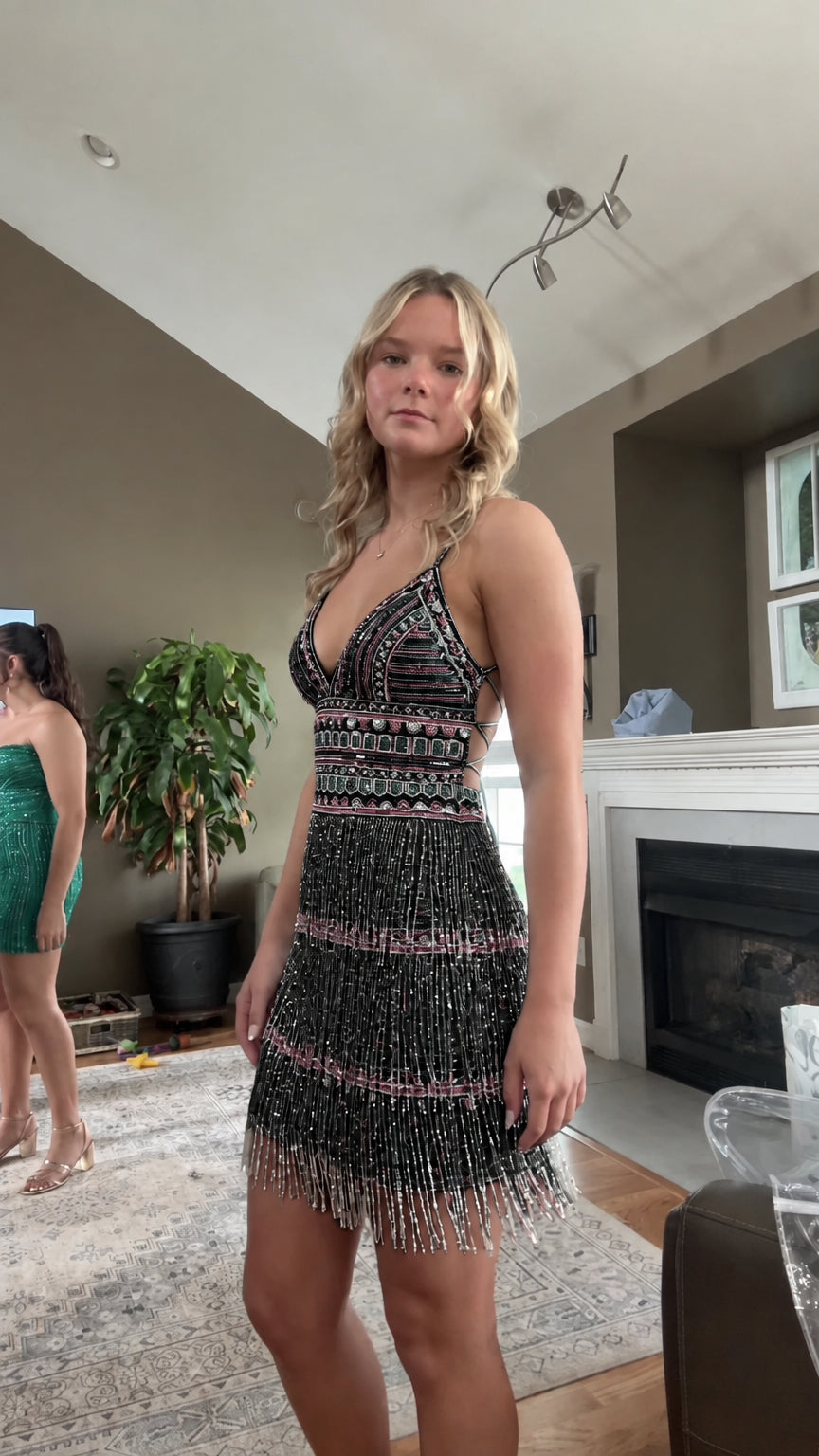 Front view of black beaded sequin fringe mini dress
