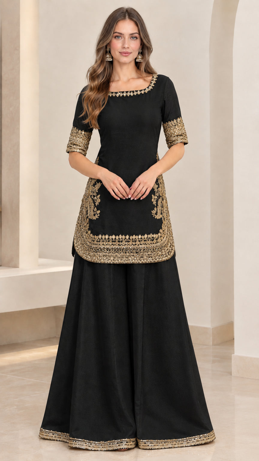 Front view of black embroidered kurti and flared sharara suit set