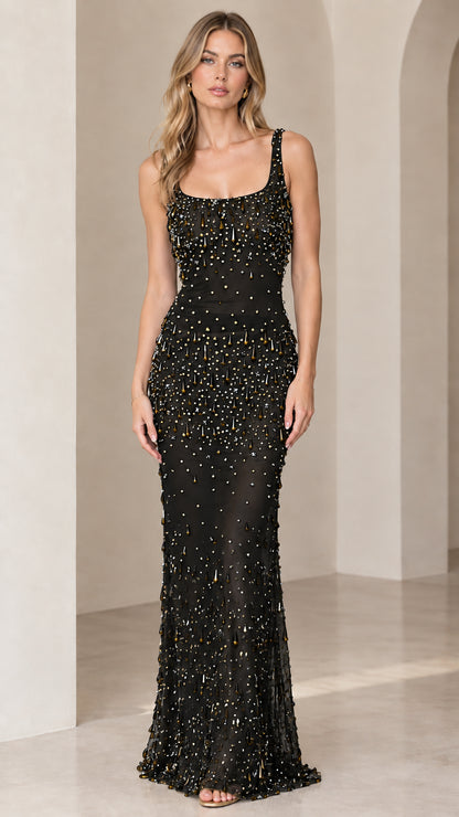 Black sleeveless square neck beaded column maxi dress