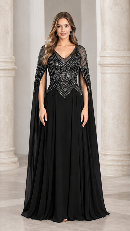 Front view of black beaded cape sleeve evening dress