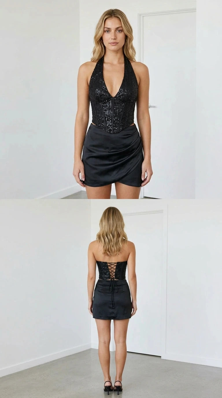Black sequin halter corset top and matching satin wrap mini skirt front and back view
