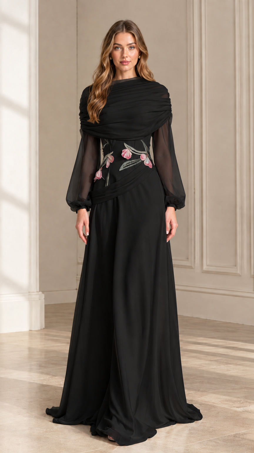 Front view of black draped high neck formal evening maxi dress with floral accents