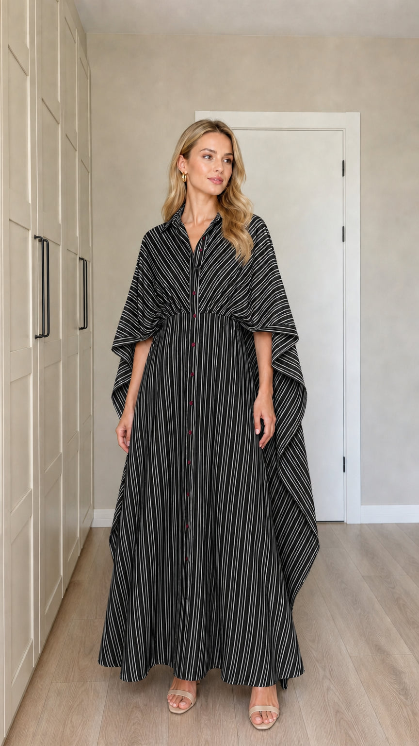 Front view of woman wearing black and white striped cape sleeve maxi dress