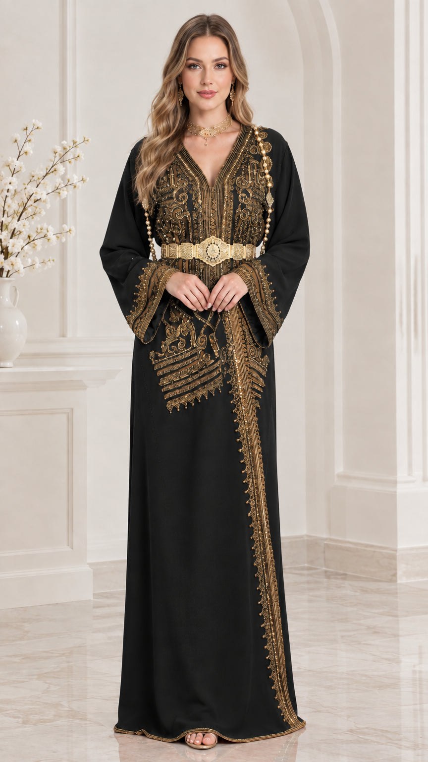 Black embroidered Moroccan kaftan maxi dress with ornate gold belt