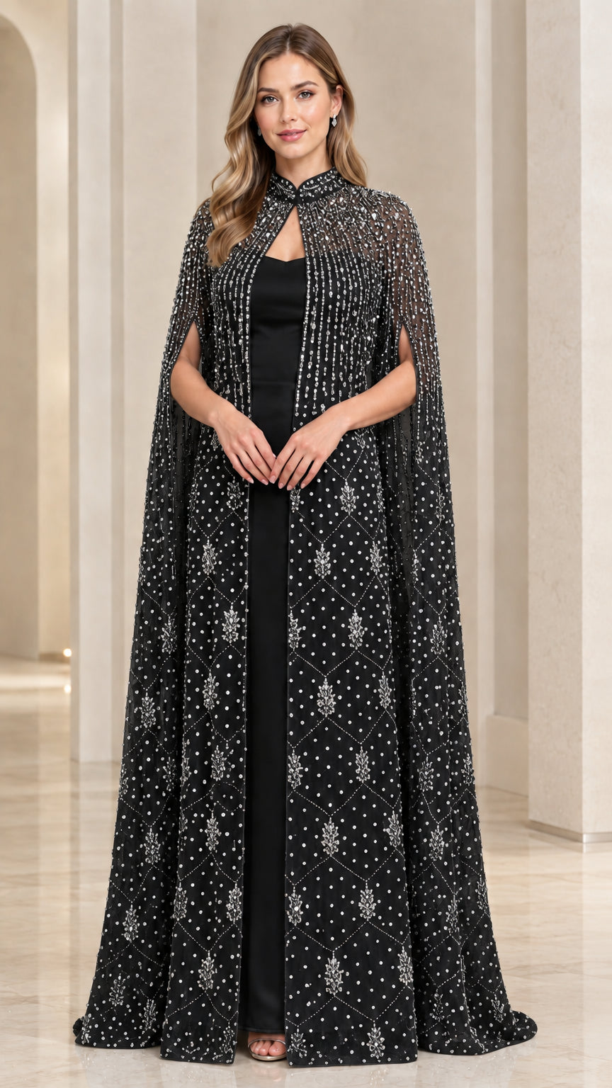 Black floor-length evening gown with beaded cape overlay