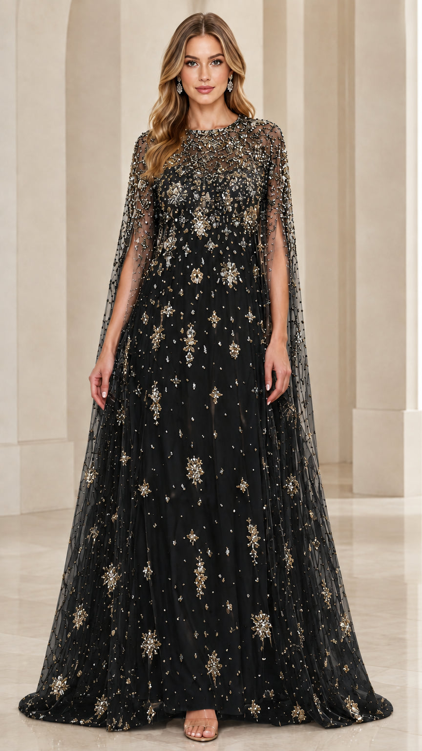 Black floor-length cape evening gown with gold shimmering beadwork