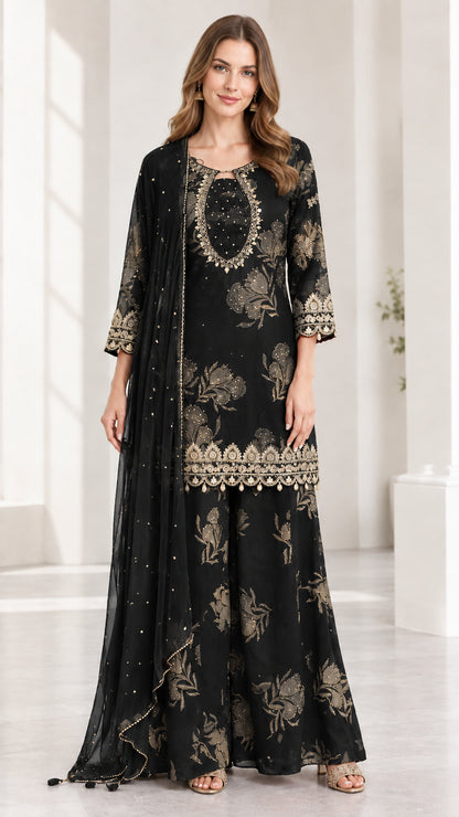 Woman wearing black embroidered 3-piece kurta sharara suit set