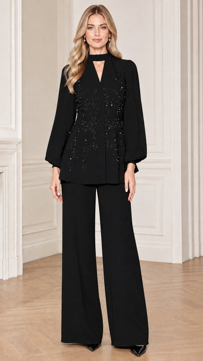 Black two-piece beaded formal evening pant suit front view
