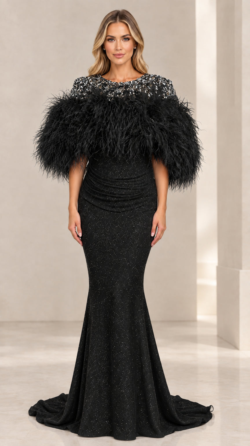 Black sequin-embellished feather capelet mermaid evening gown