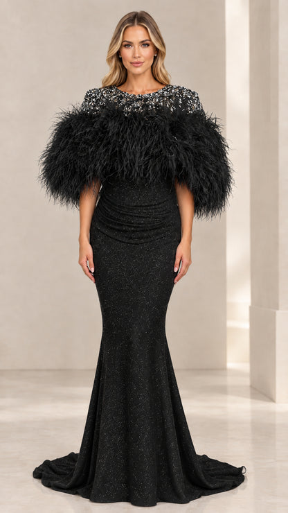 Black sequin-embellished feather capelet mermaid evening gown