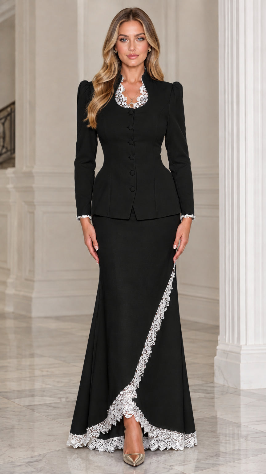 Front view of woman wearing black two-piece peplum skirt suit with white lace trim