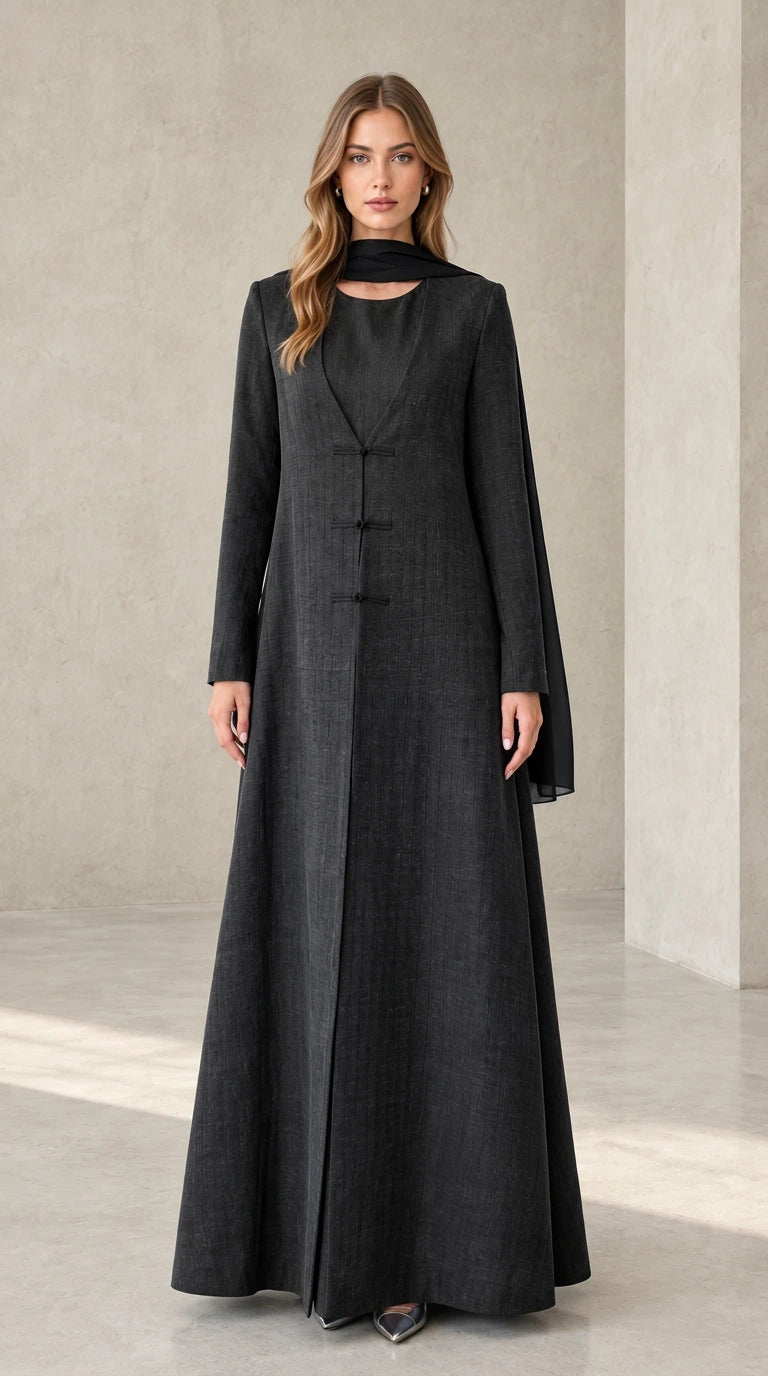 Charcoal black textured long sleeve maxi dress with matching scarf