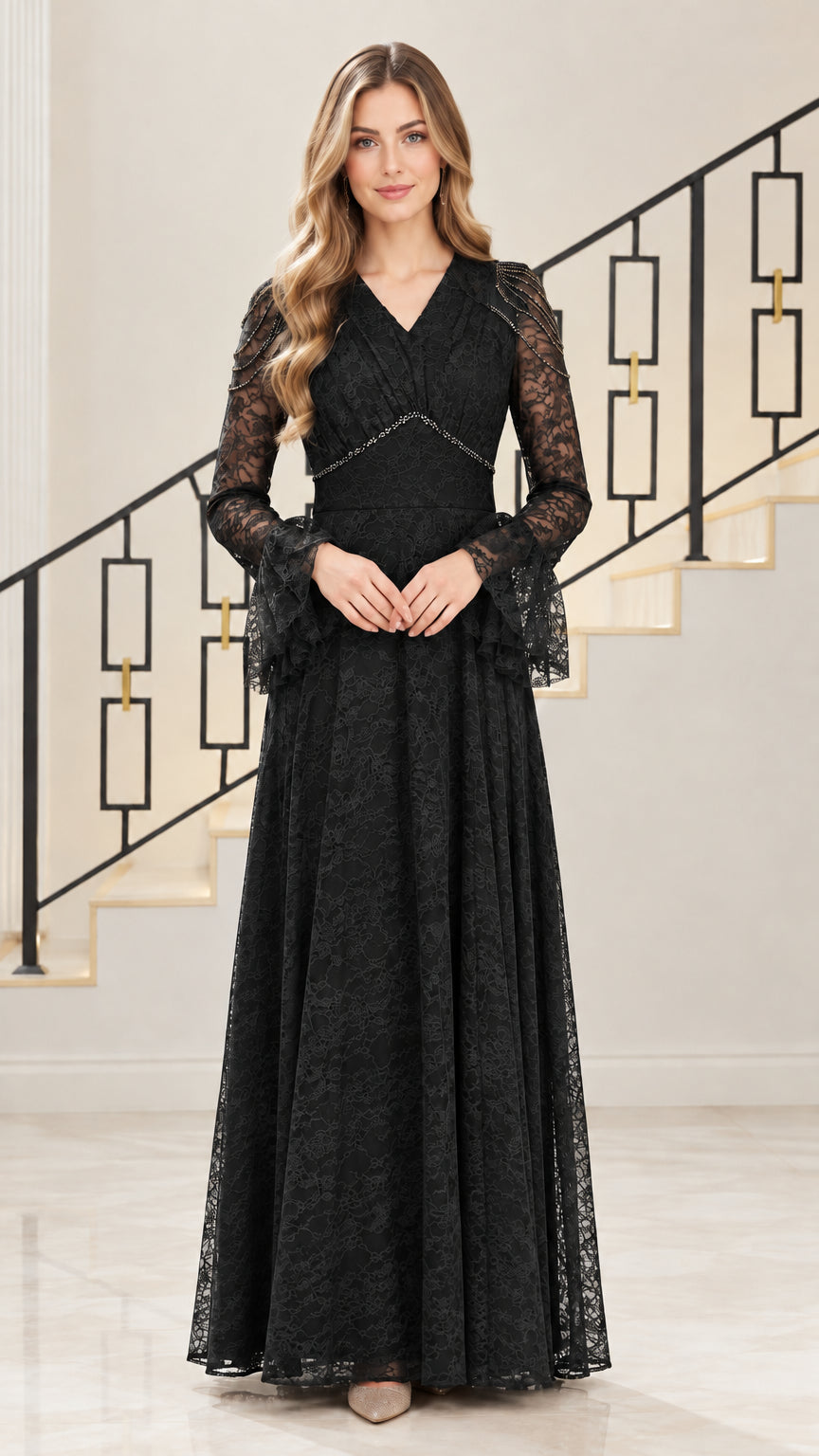 Front view of black beaded lace maxi evening dress with bell sleeves