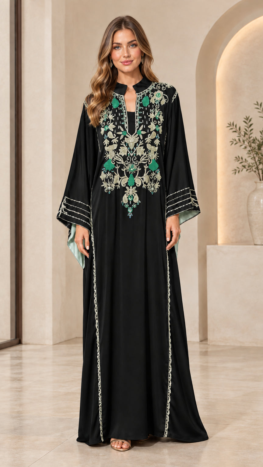 Full-length view of black embroidered modest maxi kaftan dress