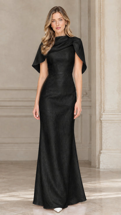 Black draped cowl capelet maxi formal evening gown