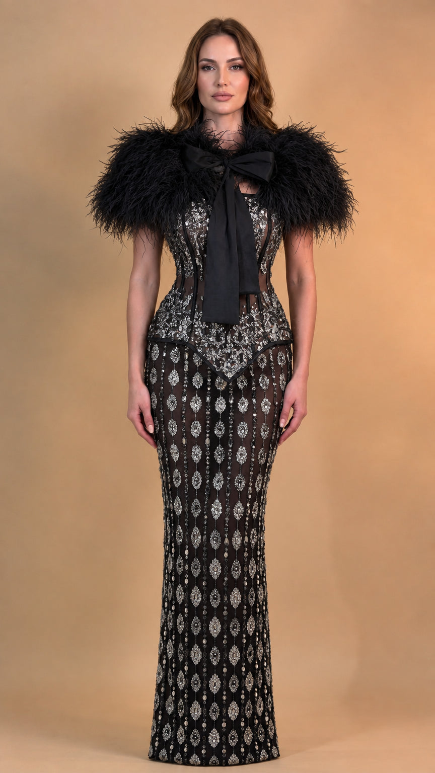 Front view of model wearing Black feather trim sequin corset evening gown