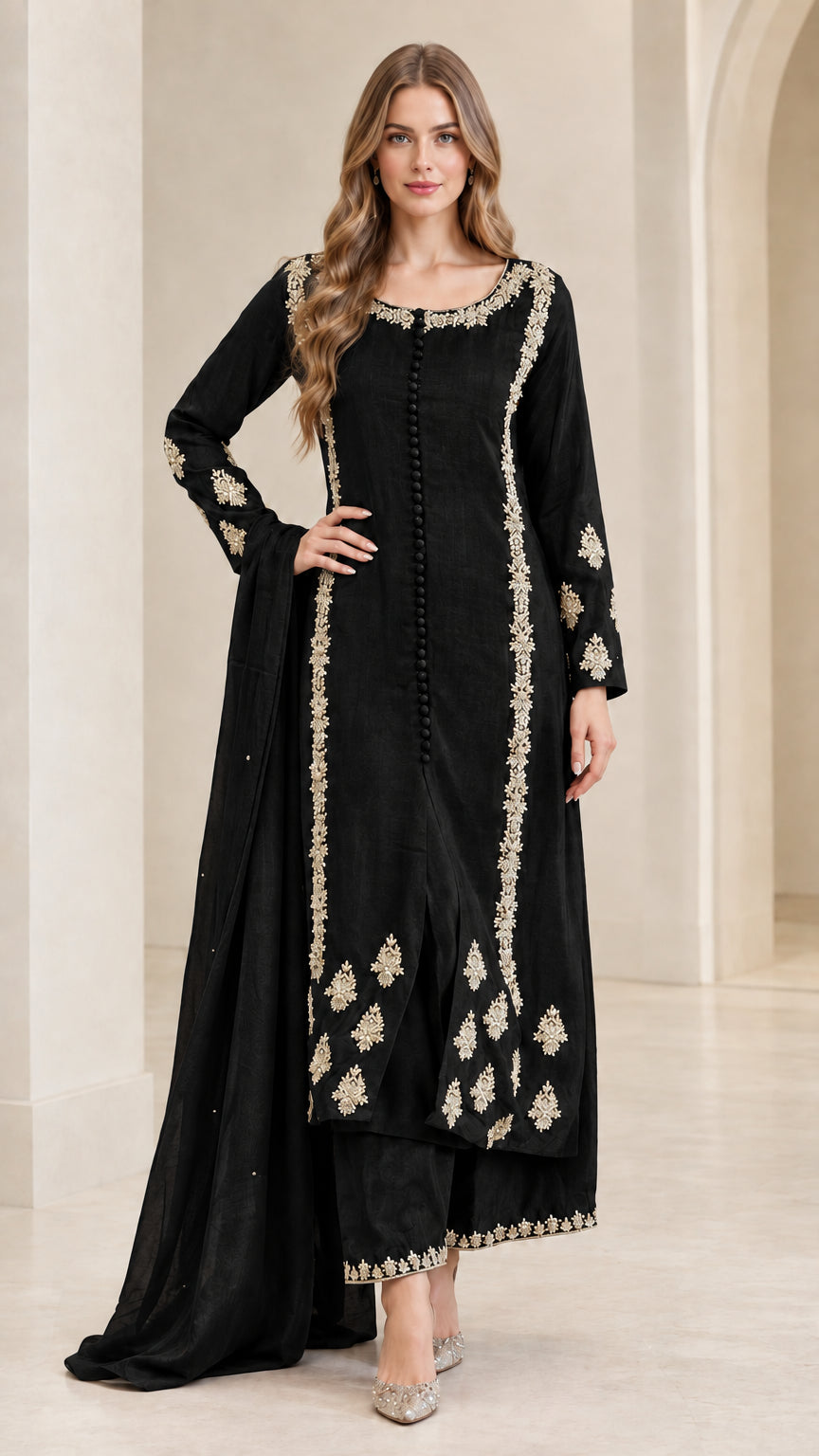 Full front view of women's black embroidered kurta pant set with dupatta