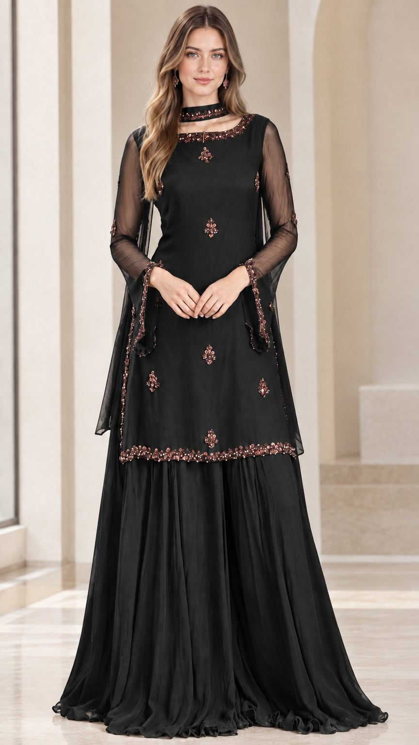 Model wearing black embellished tunic and flowing pleated sharara set