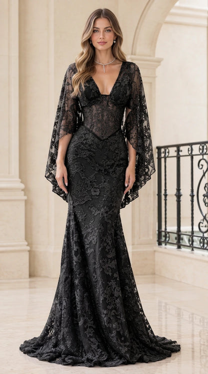Front view of Black lace cape sleeve mermaid formal gown