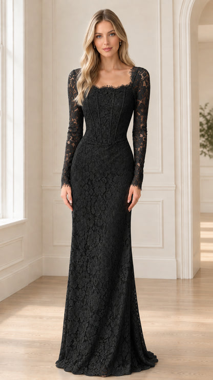 Front view of black long sleeve lace corset formal evening dress