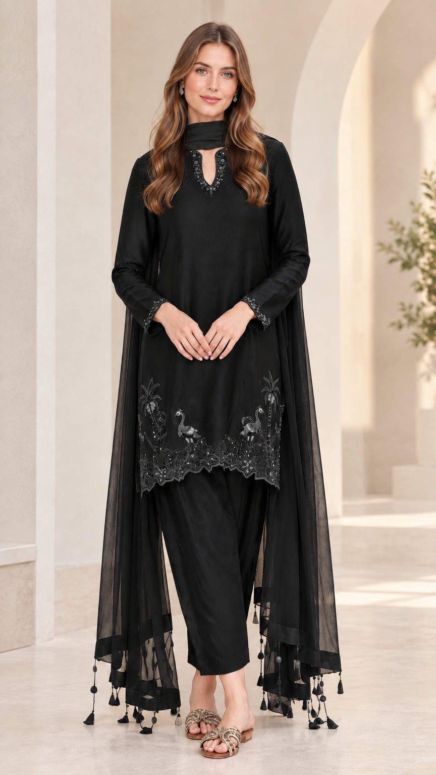 Black embroidered 3-piece tunic and straight pant set with matching scarf