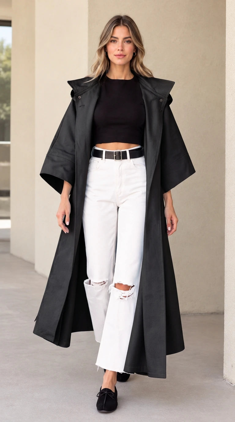 Front view of woman wearing black hooded maxi duster coat