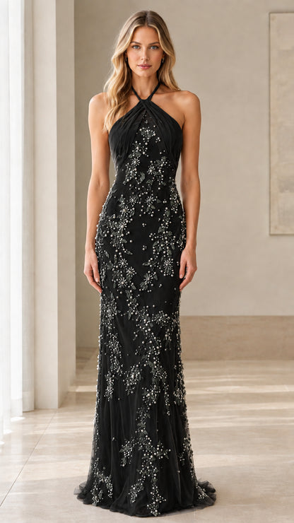 Model wearing Black beaded halter neck formal maxi gown